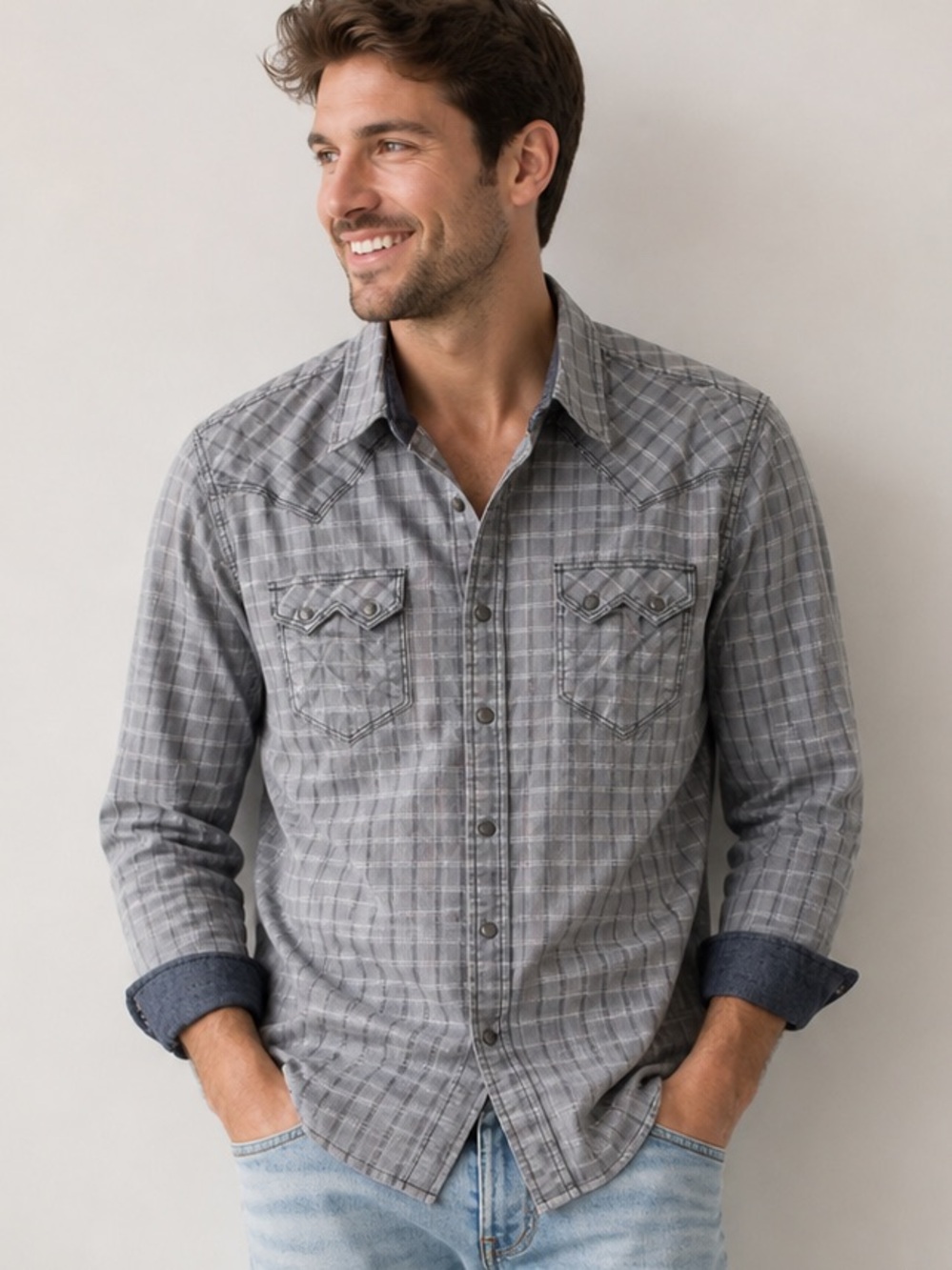 🩶🖤 Moonshine Spirit by Brad Paisley Gray Plaid Snap Shirt | Men’s L